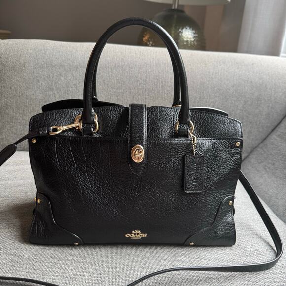 COACH Womens Mercer Satchel Hand Shoulder Bag Black Grain Leather Gold Turn Lock - Picture 8 of 16